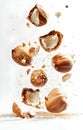 Pieces of tasty hazelnuts falling on white background Royalty Free Stock Photo