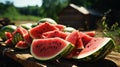 Pieces of tasty watermelon fruit on a table in the countryside