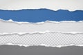 Pieces of torn blue and white paper with soft shadow stuck on white squared background. Vector illustration