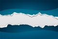 Pieces of torn, ripped blue wavy paper with soft shadow are on white squared, transparent background for text. Vector Royalty Free Stock Photo