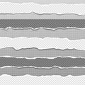 Pieces of torn white and grey squared realistic horizontal paper strips with soft shadow are on dark background. Vector Royalty Free Stock Photo