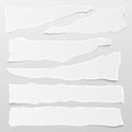 Pieces of torn white note, notebook paper strips stuck on gray background