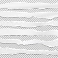 Pieces of torn, white realistic horizontal paper strips with soft shadow are on squared grey background. Vector illustration Royalty Free Stock Photo