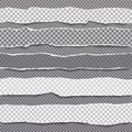 Pieces of torn, white squared realistic horizontal paper strips with soft shadow are on dark grey background. Vector illustration Royalty Free Stock Photo