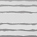 Pieces of torn, white squared realistic horizontal paper strips with soft shadow are on grey background. Vector illustration Royalty Free Stock Photo