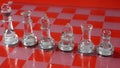 Pieces of transparent chess, King,  Queen, KnightHorse , Bishop, Rook, Pawn . Transparent chess figures on chessboard, red tone Royalty Free Stock Photo