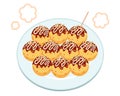 10 pieces of warm and warm takoyaki on a round plate.