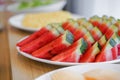 Pieces of watermelon ready for breakfast on table