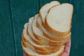 Pieces of white bread made from rifled loaf on the palm of the hand on a green background