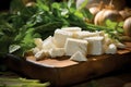 Pieces of white cheese on a wooden board