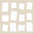 Pieces of white ruled torn note, notebook, copy book paper sheets stuck on brown squared background Royalty Free Stock Photo