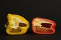 Pieces of yellow and red peppers on a black background Royalty Free Stock Photo