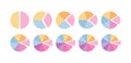 Piechart with segments. Slices section template. Circular structure chart divided into multicolor segments. Circle graph