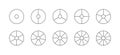 Piechart with segments and slices. Set of circular chart. Round structure graph. Pie diagram divided into pieces