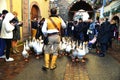 Pied Piper of Hamelin in a middle Ages festival in medieval village Riquewihr Alsace France. Royalty Free Stock Photo