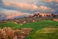 Pienza, Siena, Tuscany, Italy: landscape at dawn of the ancient hill town Royalty Free Stock Photo