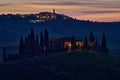Pienza town in night, landscape in Tuscany, near the Siana and Pienza, Sunrise morning in Italy. Idyllic view on hilly meadow in Royalty Free Stock Photo