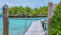 Pier of Bamboo Huts, Kordiris Homestay, Palmtree in Front, Gam Island, West Papuan, Raja Ampat, Indonesia