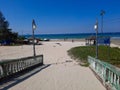 pier in the beach, Colva beach in goa, tropical beach, blue water and blue sky Arabian sea beach in India.