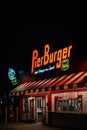 Pier Burger neon sign at night, on the Santa Monica Pier in Los Angeles, California