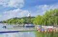 Pier with colorful pedal boats in Beihai lake, Bejing, China