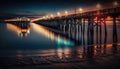 A Pier At Dusk With Colorful Lights Reflecting Off The Water. Generative AI