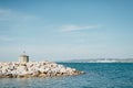 Pier at the entrance to yacht parking in harbor Royalty Free Stock Photo