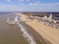 Pier with Ferris Wheel at Northern Sea Scheveningen Beach , located near the Hague city aerial drone footage. Popular Royalty Free Stock Photo