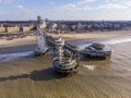 Pier with Ferris Wheel at Northern Sea Scheveningen Beach , located near the Hague city aerial drone footage. Popular Royalty Free Stock Photo
