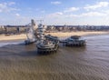 Pier with Ferris Wheel at Northern Sea Scheveningen Beach , located near the Hague city aerial drone footage. Popular Royalty Free Stock Photo