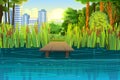 Pier for fishing on coast of river or lake. Wild pond. Summer landscape. City in the distance. Out-of-town scenery Royalty Free Stock Photo