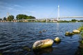 Marina and pier in Gizycko on Lake Niegocin, Masuria, Poland.