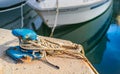 Pier harbor dock, mooring bollard with nautical ropes