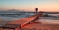 Pier / jetty playa de muro, alcudia, sunrise, mountains, secluded beach, mallorca, spain Royalty Free Stock Photo