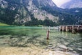 Pier in Konigssee lake a sunny summer day