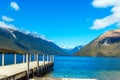 Pier on Lake Rotoiti, Nelson Lakes National Park, New Zealand. Copy space for text Royalty Free Stock Photo