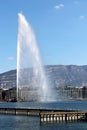 Geneva cityscape jet d'eau Water jet pier and lakefront of city , Switzerland