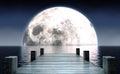 Pier and Moon On Water Horizon Royalty Free Stock Photo