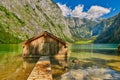 Pier at picturesque Obersee lake in Bavaria, Germany