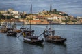 Pier of Port wine boats called Rabelo Boats on a Douro River in Vila Nova de Gaia Royalty Free Stock Photo