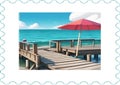 A pier with a red umbrella and a blue ocean (custom postage stamp) Royalty Free Stock Photo