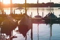 Pier with rent boat on evening on alster shortly before sunset Royalty Free Stock Photo