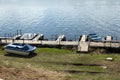 pier for rental water equipment-catamarans boats people Royalty Free Stock Photo