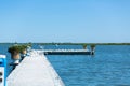 Pier on the river bank. A large flock of seagulls. Summer day