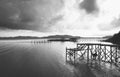 Pier with sea and Cloudy sky Landscape black and white Royalty Free Stock Photo