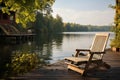 Pier serenity Wooden dock with lounge chair surrounded by forest Royalty Free Stock Photo