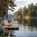 Pier serenity Wooden dock with lounge chair surrounded by forest Royalty Free Stock Photo