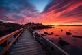 Pier silhouette and seagulls in colorful sky, sunrise and sunset wallpaper Royalty Free Stock Photo