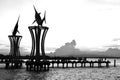 Pier at sunset silhouette black white