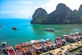 Pier surrounded by limestone karst of Ha Long Bay in Quang Ninh Province, northeast Vietnam